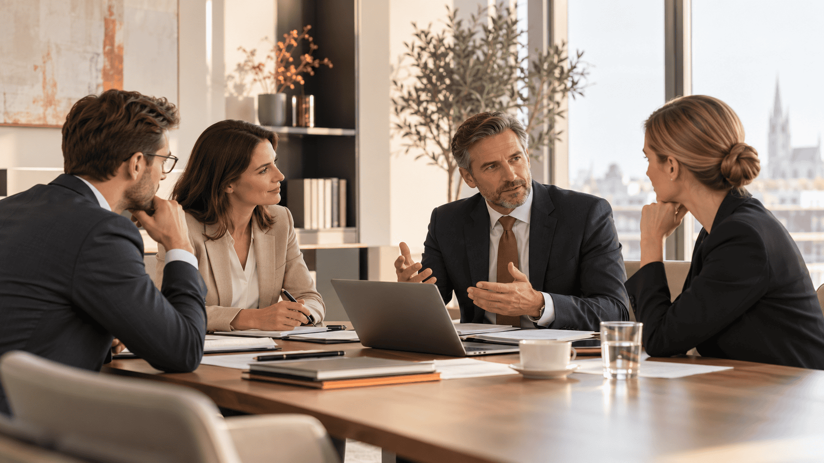 Geschäftsleute besprechen arbeitsrechtliche Personalentscheidungen.