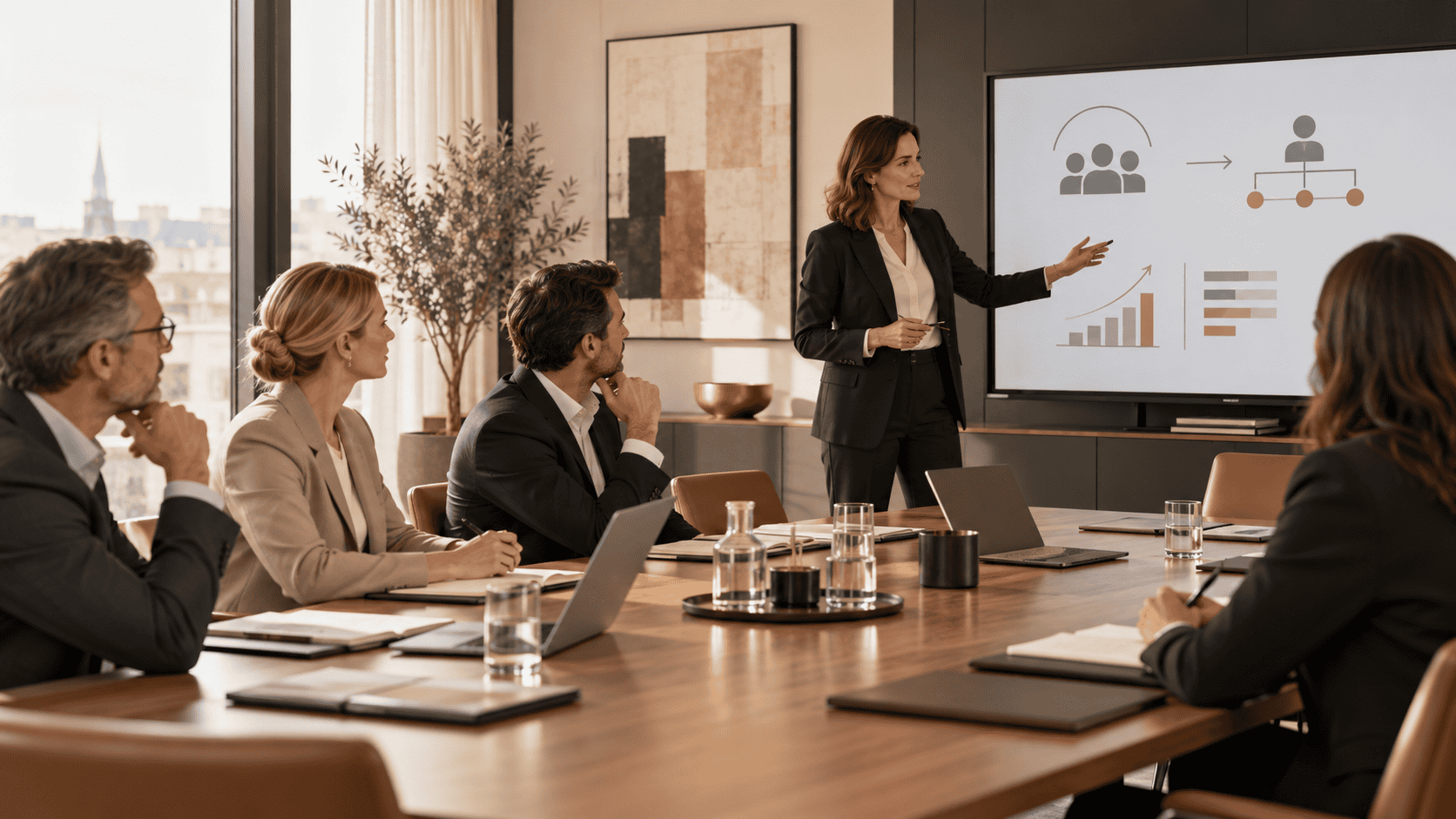 Unternehmensführung bespricht Veränderungen in einer Personalmanagement-Sitzung.